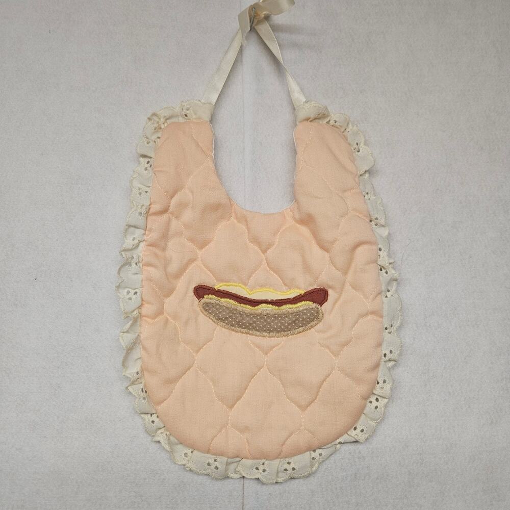 Handmade Hot Dog Peach Quilted Baby Bib Ruffle Lace Trim Satin Bow Vintage